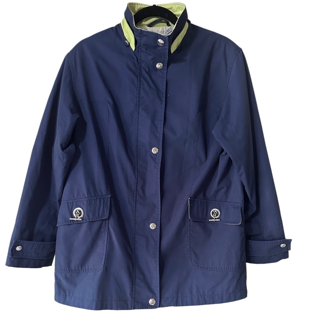 Vintage 90s Mackintosh Nautical Boat Themed Navy Blue and Green Rain Coat